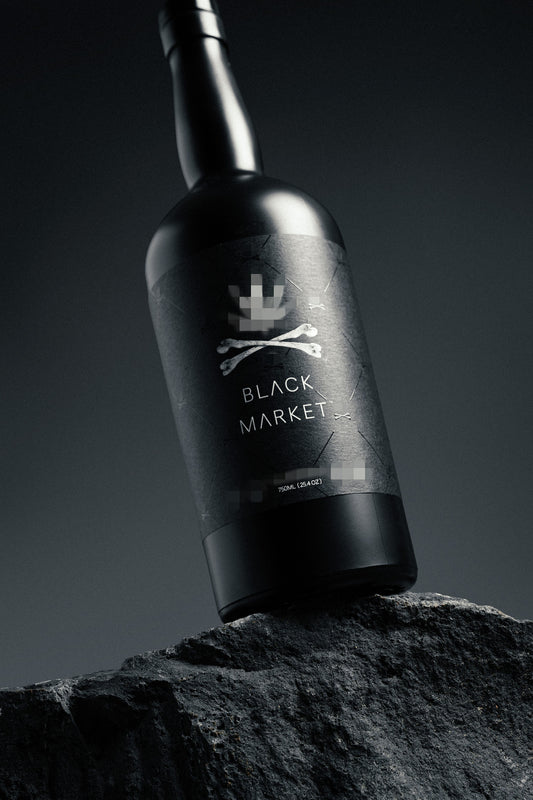 Black Market 750ml bottle detail shot — product imagery — Black Market